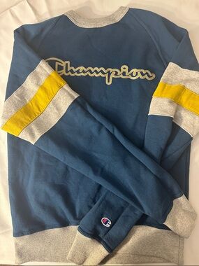 Champion Navy Sweatshirt with Yellow and Gray Stripes